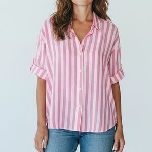Jane and Delancey Pink and White Striped Button Down Shirt
